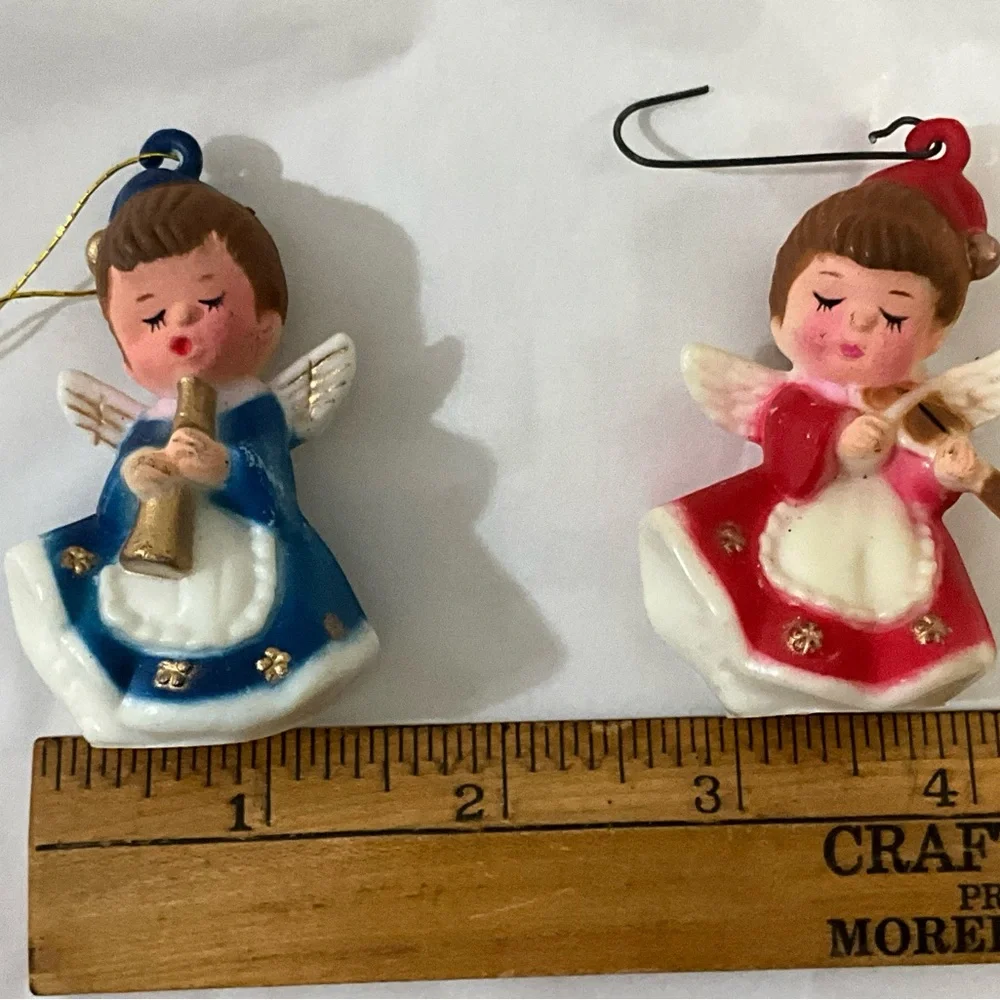 Vintage Lot of 2 MCM Plastic Christmas Angels Red and Blue